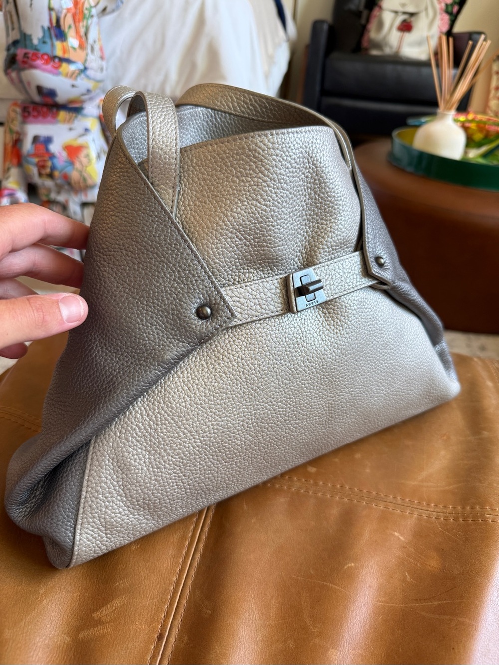 Akris Ai Shoulder Tote Metallic Silver Leather Convertible Trapezoid